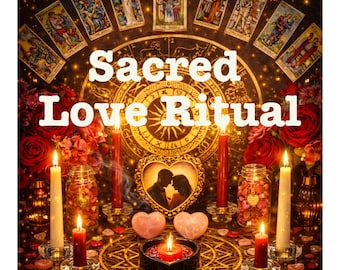 May include: A mystical arrangement for a love ritual, featuring lit candles, tarot cards, and a heart-shaped frame with a couple's silhouette. The words "Sacred Love Ritual" are prominently displayed.