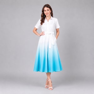 Midi-katoenen ombre-jurk dames: wit-naar-blauw gradiënt resortkleding zomerfeestoutfit