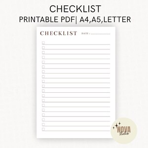 Op de afbeelding: Een afdrukbare checklist met het woord 'CHECKLIST' bovenaan, gevolgd door regels voor taken. Het document is beschikbaar in PDF-formaat voor A4-, A5- en Letter-formaten. De afbeelding heeft een neutrale achtergrond.