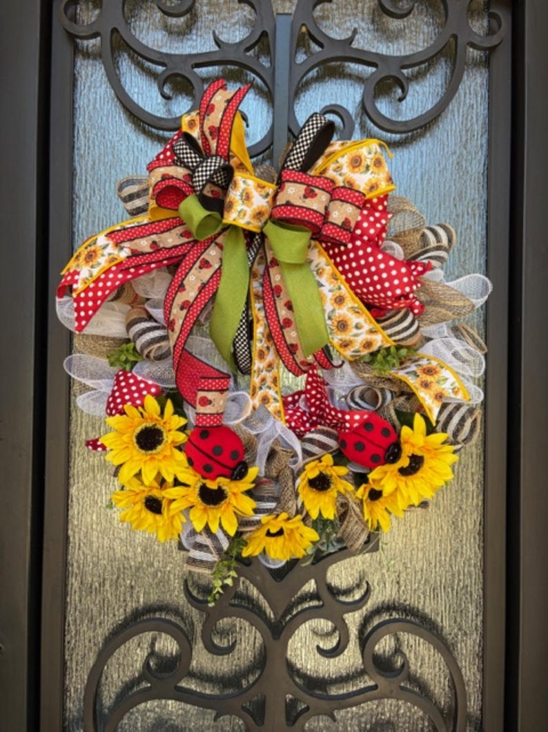 Spring or Summer Sunflower and Ladybug Wreath, Front Door Decor ...