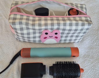 Pink Frog Embroidered Hair Tool Bag, Dyson Airwrap/Airstrait Bag, Handmade Travel Hair Organizer Pouch, Women Bag, Gift for Her