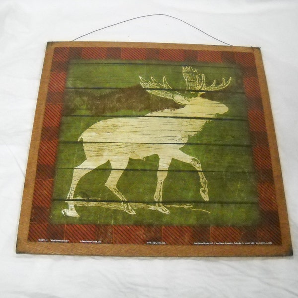 Plaid Lodge Moose Wooden Wall Art Sign animals nature cabin decor green burgundy