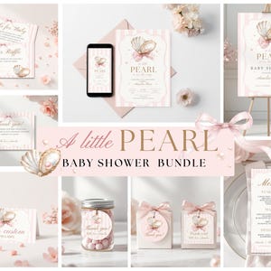 May include: A baby shower stationery bundle featuring a pearl and seashell theme with light pink stripes. Includes invitations, thank you cards, menu cards, food labels, and favour tags, all decorated with a watercolour illustration of a pearl in a shell.