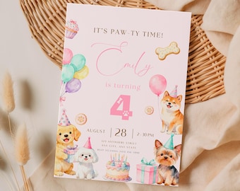 Convite de aniversário com cachorrinho para menina, modelo de convite para festa de aniversário com tema de cachorro, convite de aniversário com tema de patas, convite de aniversário editável no Canva 5x7