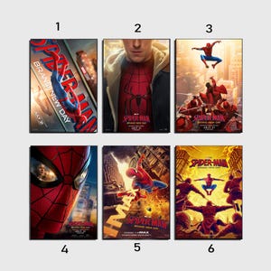 May include: Six rectangular movie posters for Spider-Man Brand New Day, each featuring different action scenes of the character in red and blue, including cityscapes, combat, and close-ups, with the text Spider-Man Brand New Day and July 31.
