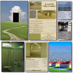 Puede incluir: Una colección de seis impresiones de arte digital con imágenes surrealistas y texto informativo. Los paneles muestran un paisaje verde con una puerta negra, habitaciones tipo oficina amarillas, pasillos industriales, un baño con azulejos y un barrio.