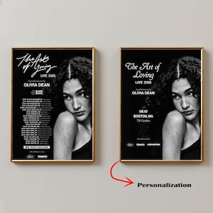 Puede incluir: Dos carteles de concierto en blanco y negro para Olivia Dean Live 2026. El cartel izquierdo enumera fechas y lugares de la gira, mientras que el derecho destaca un espectáculo en Boston, MA en el TD Garden. Ambos muestran un retrato con cabello rizado.
