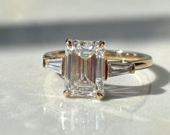 Emerald Cut Lab Grown Diamond Three Stone Ring, 14K Yellow Gold Engagement Wedding Band