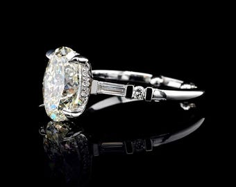Vintage Inspired Oval Engagement Ring, 9k White Gold, Baguette Diamond Accents