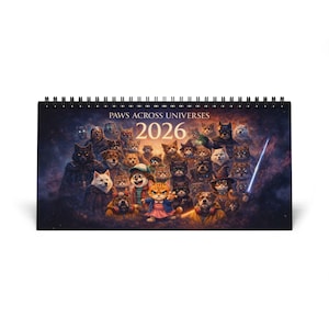 May include: A spiral-bound desk calendar featuring a fantasy illustration of cats and dogs dressed as characters from popular movies and TV shows. The calendar is titled "PAWS ACROSS UNIVERSES 2026". The artwork has a dark, space-themed background.