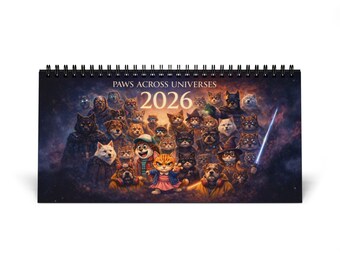 May include: A spiral-bound desk calendar featuring a fantasy illustration of cats and dogs dressed as characters from popular movies and TV shows. The calendar is titled "PAWS ACROSS UNIVERSES 2026". The artwork has a dark, space-themed background.