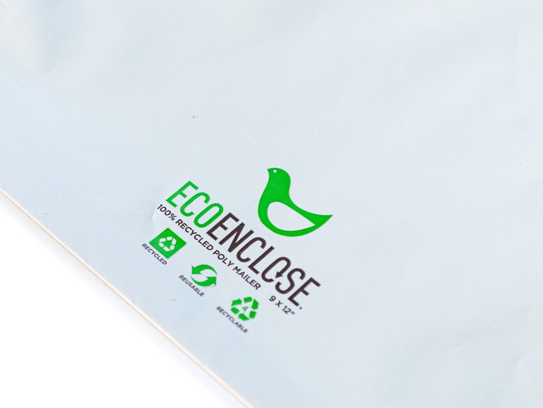 May include: A white mailing envelope with a green bird logo and the text "ECOENCLOSE 100% RECYCLED POLY MAILER 9 x 12" printed on it. The envelope also has green icons that say "Recycled", "Reusable", and "Recyclable".