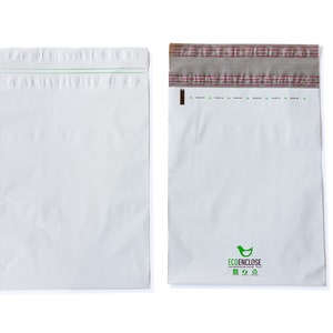 May include: White mailing envelopes with a green seal and a red and white striped adhesive strip. The envelope on the right has a green logo that says "Ecoenclose" with a bird icon and recycling symbols.