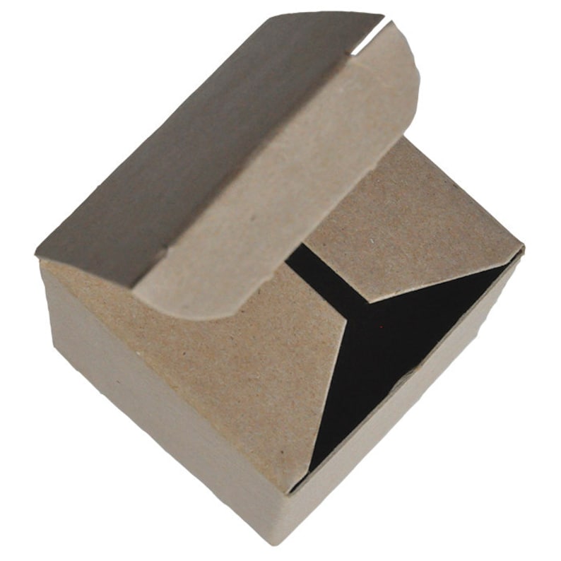 May include: A brown cardboard box with a hinged lid, open to reveal the inside. The box is empty.