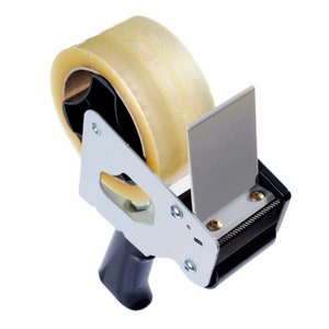 May include: A clear tape dispenser with a black handle and a silver metal frame. The tape is partially unwound and the dispenser has a blade for cutting the tape.
