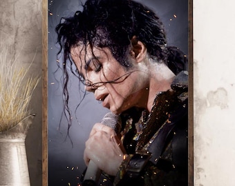 May include: Framed portrait of a person singing into a microphone. The person has dark, curly hair and is wearing a sequined jacket. The portrait is in a wooden frame and is set against a neutral background.