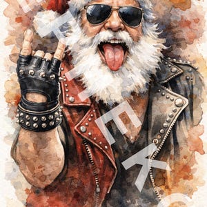 Puede incluir: Ilustración en acuarela de Papá Noel con gafas de sol, un gorro rojo de Papá Noel y una chaqueta de cuero negra con tachuelas. Papá Noel saca la lengua y hace un gesto de rock and roll con la mano. El fondo tiene salpicaduras de pintura de acuarela.