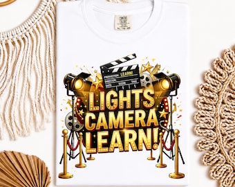Koszulka dla nauczyciela „Lights Camera Learn”, bluza z motywem filmowym do klasy, koszulka inspirowana Hollywood