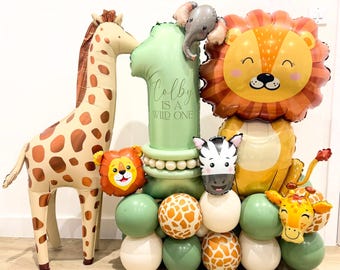 Kit para armar una torre de globos con temática de safari, decoración para el primer cumpleaños con temática de animales de la selva, columna de globos con forma de jirafa, león y cebra. No requiere helio.