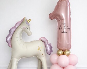 Columna de globos de unicornio para el primer cumpleaños, globo rosa con el número 1 y corona, torre de globos de unicornio para armar, decoración para la fiesta del primer cumpleaños de una niña.