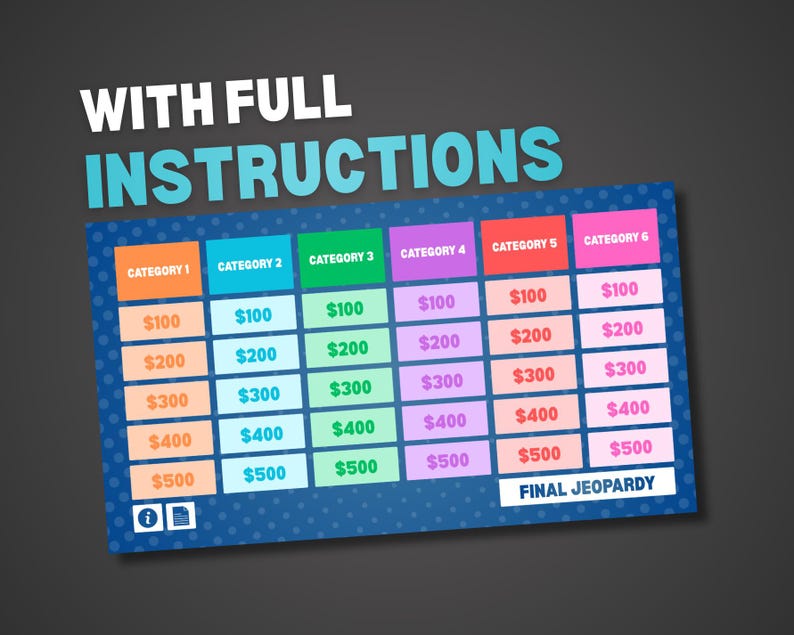 May include: A game board with the text "WITH FULL INSTRUCTIONS" at the top. The board is divided into six categories with dollar amounts ranging from $100 to $500. The words "FINAL JEOPARDY" are at the bottom.