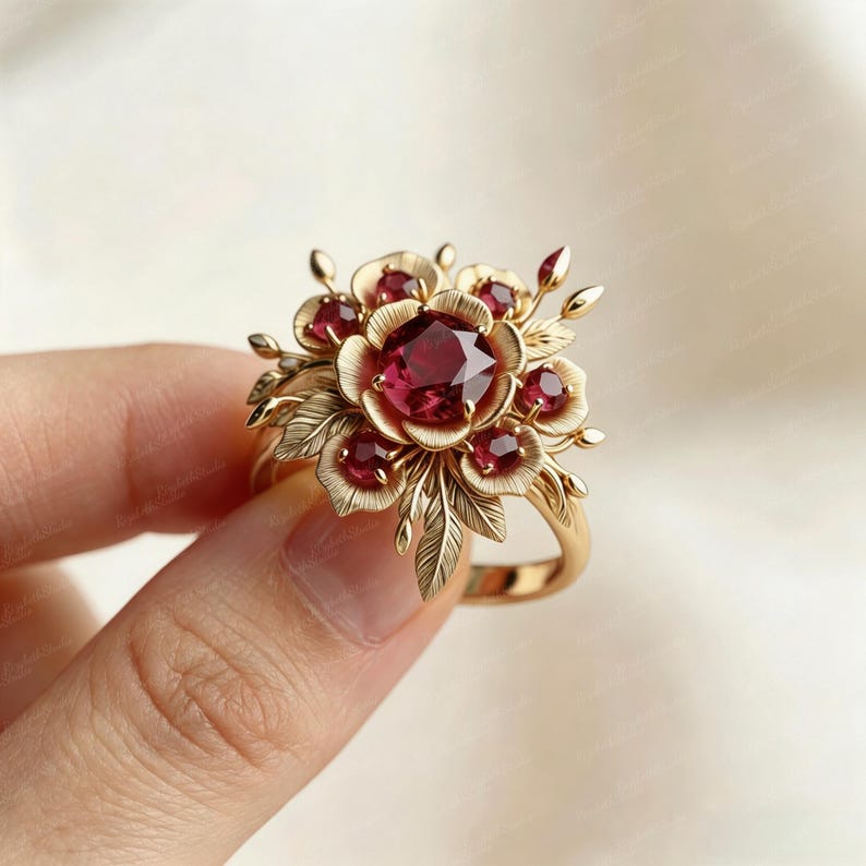 May include: A gold ring featuring a large central round-cut deep red gemstone surrounded by smaller red stones and textured gold petals and leaves. The floral-inspired design showcases intricate metalwork with a polished gold band.