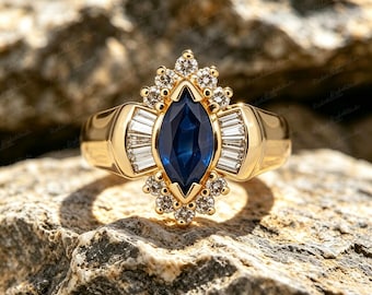 Art Deco Gold Plated Copper Ring, Marquise Lab Created Sapphire Vintage Ring, Moissanite Accent Retro Engagement Ring for Women