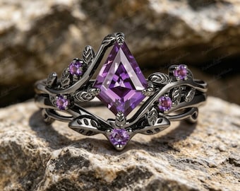 Gothic Kite-Cut Amethyst Stackable Ring Set, Black Rhodium Leaf Design (2-Piece)
