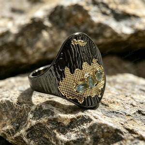 Op de afbeelding: Een zwart-gouden ring met drie lichtblauwe edelstenen. De ring heeft een getextureerde zwarte band en een gouden filigraanontwerp. De edelstenen zijn ovaalvormig en in het midden van de ring gezet.
