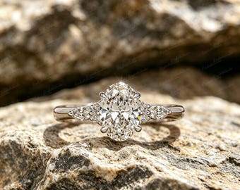 Minimal Vintage Oval Moissanite Three-Stone Ring, Rhodium Plated Copper, Solitaire Promise Ring