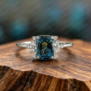 Created Teal Sapphire Emerald Cut Engagement Ring | White Gold Stacking Wedding Band