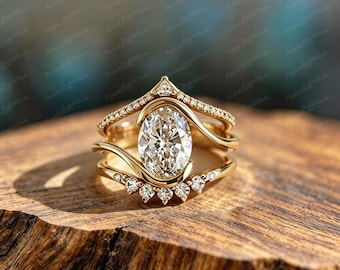 Vintage Oval Moissanite Ring Set, Gold Plated Copper, 3-Piece Stackable Bridal Promise Rings