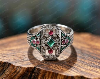 Square Emerald Ruby Art Deco Statement Ring, Edwardian Enamel Bridal