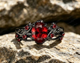 Anello gotico con rubino sintetico / Anello di fidanzamento ovale nero in stile vintage
