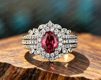Victorian Silver Plated Copper 3pcs Ring Set, Oval Lab Created Ruby Bridal Stacking Ring, Moissanite Halo Wedding Ring for Women