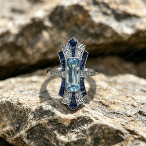 Bague aigue-marine Art déco | Bague en argent avec saphir | Bijoux de mariée en alliage plaqué rhodium