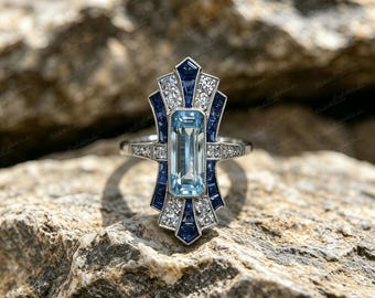 Art Deco Aquamarine Ring | Silver Sapphire Statement Ring | Rhodium Plated Alloy Bridal Jewelry