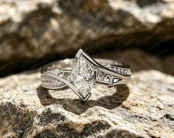 Vintage Marquise Moissanite Engagement Ring, Rhodium Plated Copper, Twisted Leaf Filigree Band