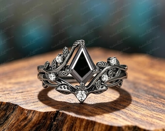 Gothic Black Rhodium 2pcs Ring Set, Kite Black Onyx Vine Ring, Moissanite Accent Stacking Engagement Ring