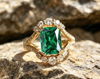 Art Deco Gold Plated Copper Ring, Rectangular Lab Created Emerald Ring, Moissanite Accent Vintage Engagement Ring for Women