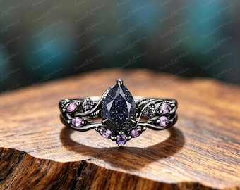 Gothic Black Rhodium Plated Copper Ring, Pear Lab Created Blue Sandstone Vine Ring, Amethyst Accent Witchy Engagement Ring for Women