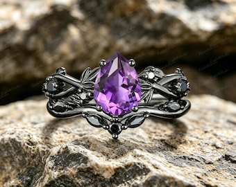 Created Amethyst Gothic Ring | Pear Cut Black Alloy Engagement Ring
