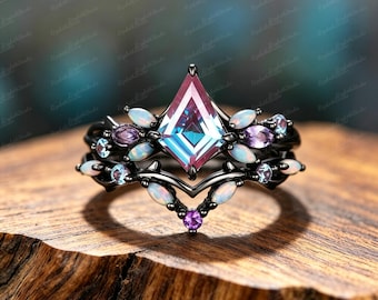 Gothic Black Rhodium Plated Copper Ring Set, Kite Lab Created Rainbow Topaz Witchy Stacking Ring,Opal Amethyst Fantasy Bridal Ring for Women