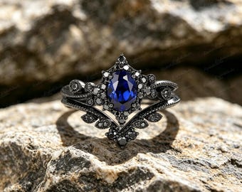 Gothic Blue Sapphire Moissanite Halo Ring Set, Black Rhodium Silver-Plated Copper, Witchy Promise Ring