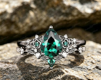 Pear Cut Emerald Gothic Ring Set | Black Gold Floral Engagement Ring | Forest Stacking Band