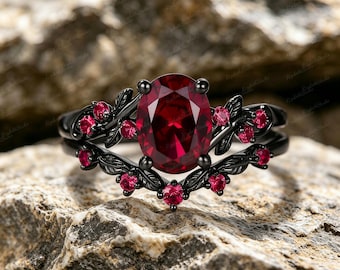 Oval Created Garnet Ring Set | Gothic Twisted Vine Black Rhodium Band