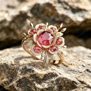 May include: A gold-toned ring featuring a floral design with a large, faceted pink gemstone at the center, surrounded by smaller pink gems. The ring's band and floral details have intricate leaf and petal patterns.