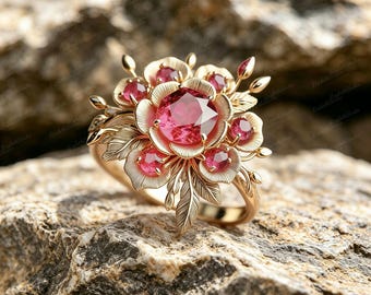 Round Pink Sapphire Flower Ring | Yellow Gold Statement Ring | Vintage Floral Art Deco Bridal Jewelry