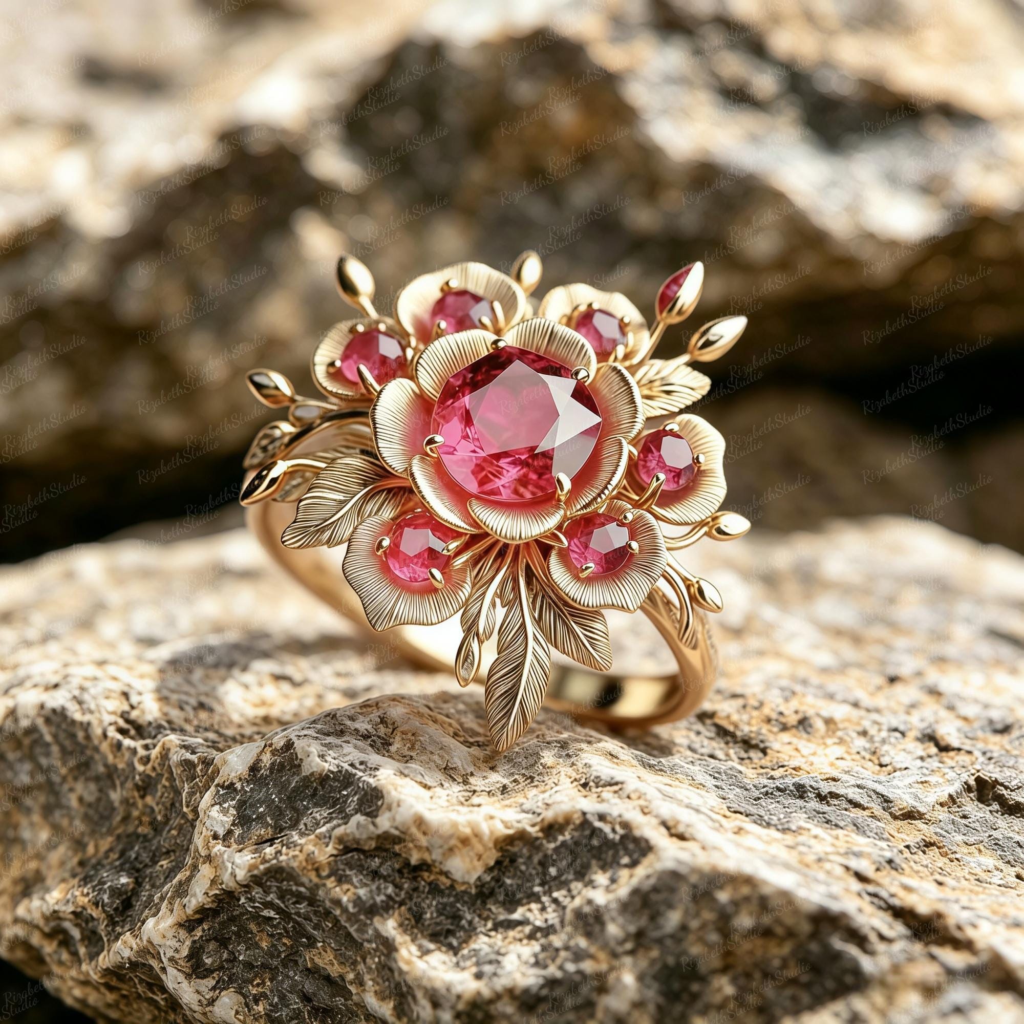 ＊925 大粒ルビーのお花が咲くリング gold ruby ring Ruby Floral Ring - Etsy
