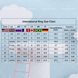 May include: An international ring size chart featuring a table with columns for USA, UK, RU, FR, CA, BR, DE, circumference in mm, and diameter in mm and inches. The chart displays numerical ring sizes from 5 to 12 with corresponding measurements.